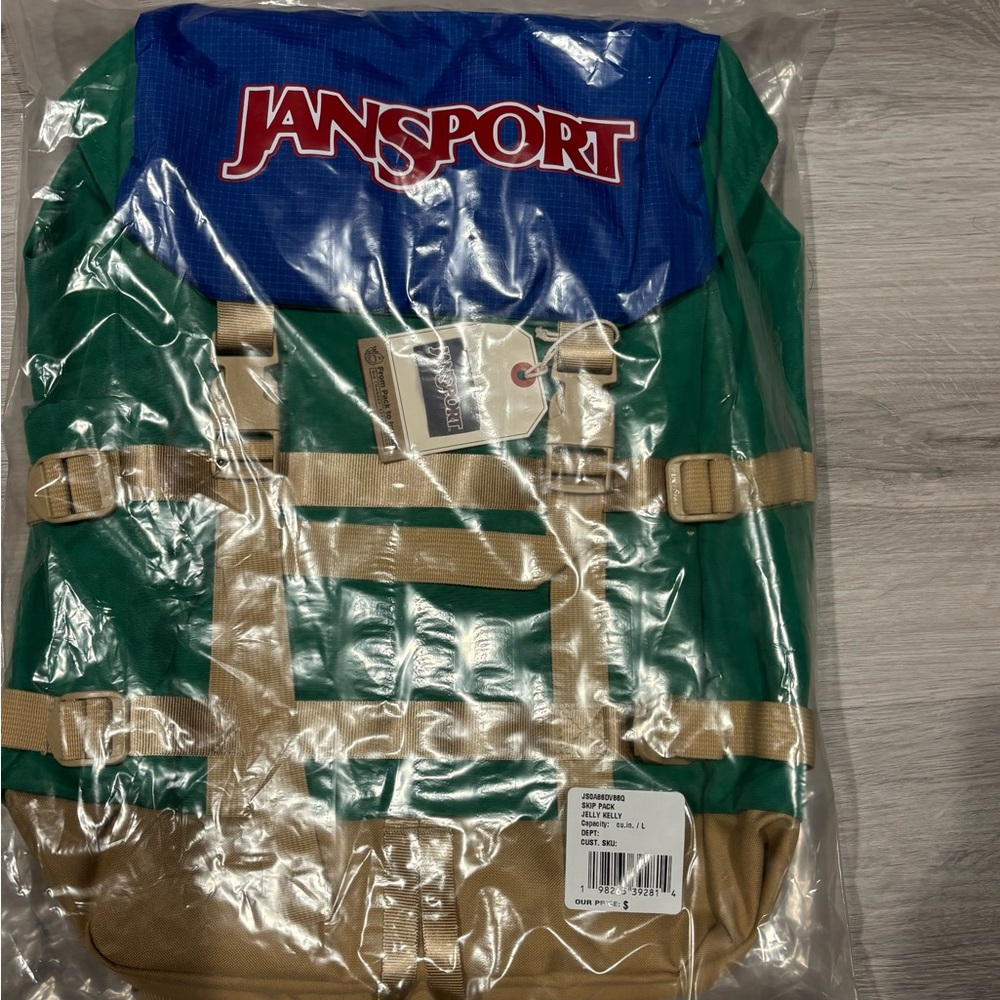 BRAND NEW Jansport Classic Blue and Green Backpack with Tan Straps